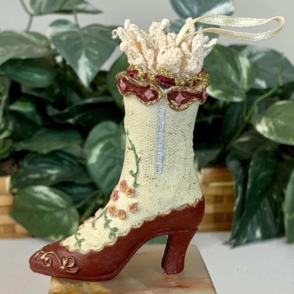 Vintage Victorian Boot Shoe Hanging Christmas Ornament Red Floral Cream Lace 3"